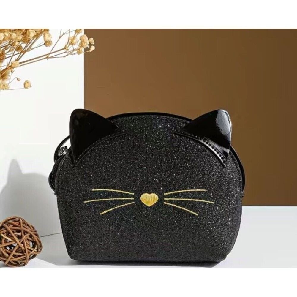 Cat face‎ coin Black glitter vinyl purse New Girls